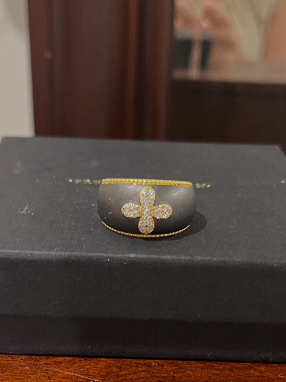 Freida Rothman size 6 Gold-Trim Black Dome Ring with Crystal accents